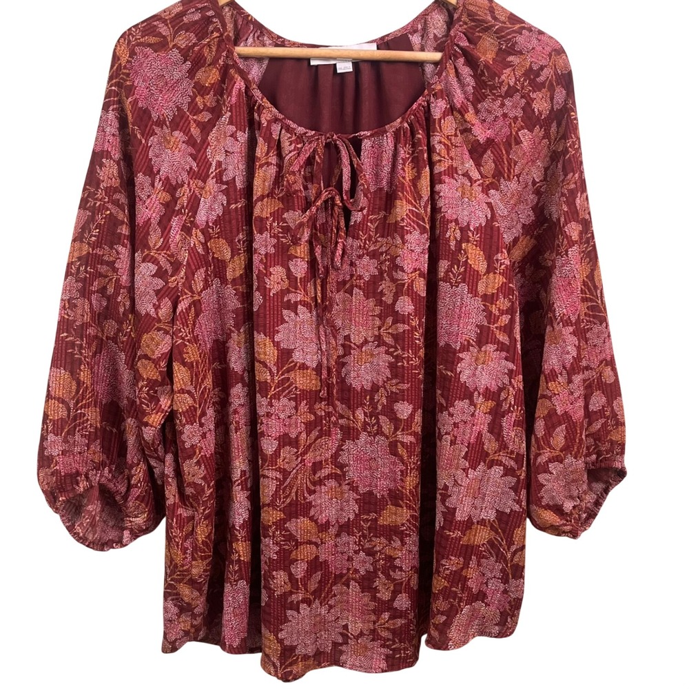 Loft Burgundy Floral 3/4 Sleeve XXL Shirt Blouse Flowy Boho Peasant Feminine - Picture 2 of 7